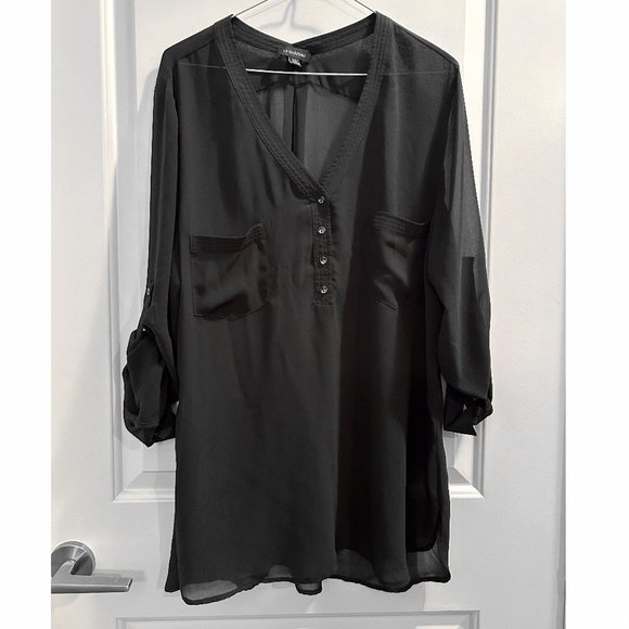 Women's Le Chateau Button Tab Sleeve Sheer dark gray Tunic Blouse Shirt - Picture 6 of 12